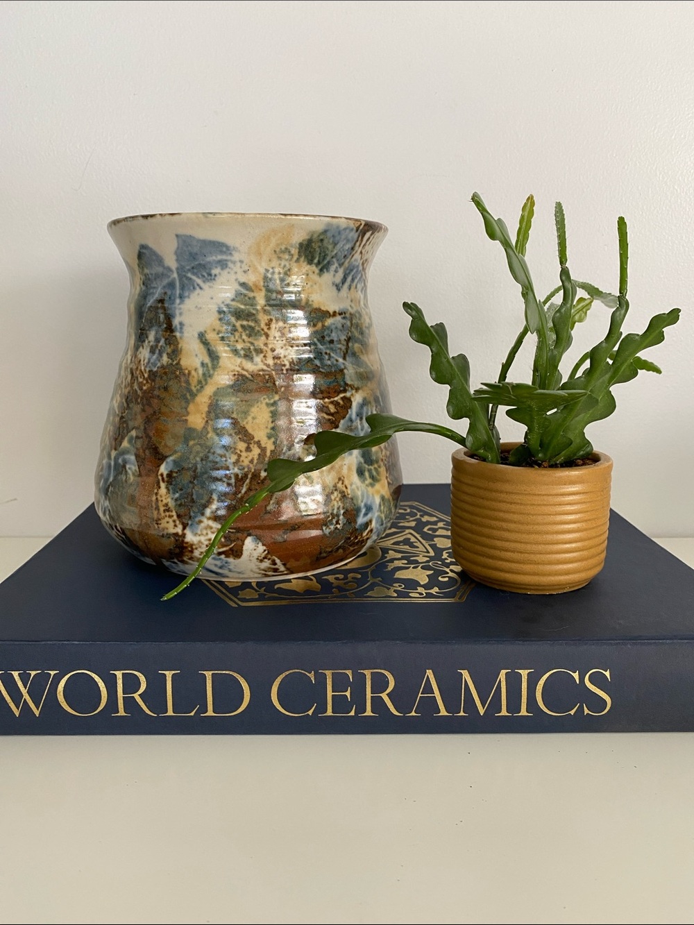 Handcrafted Glazed Ceramic Vase in Blue, Brown & White